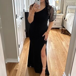 One shoulder black formal gown